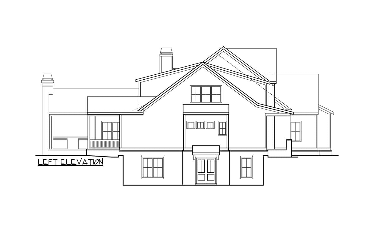 Left elevation drawing of a multi-story house plan featuring varied rooflines, dormers, and a covered porch.