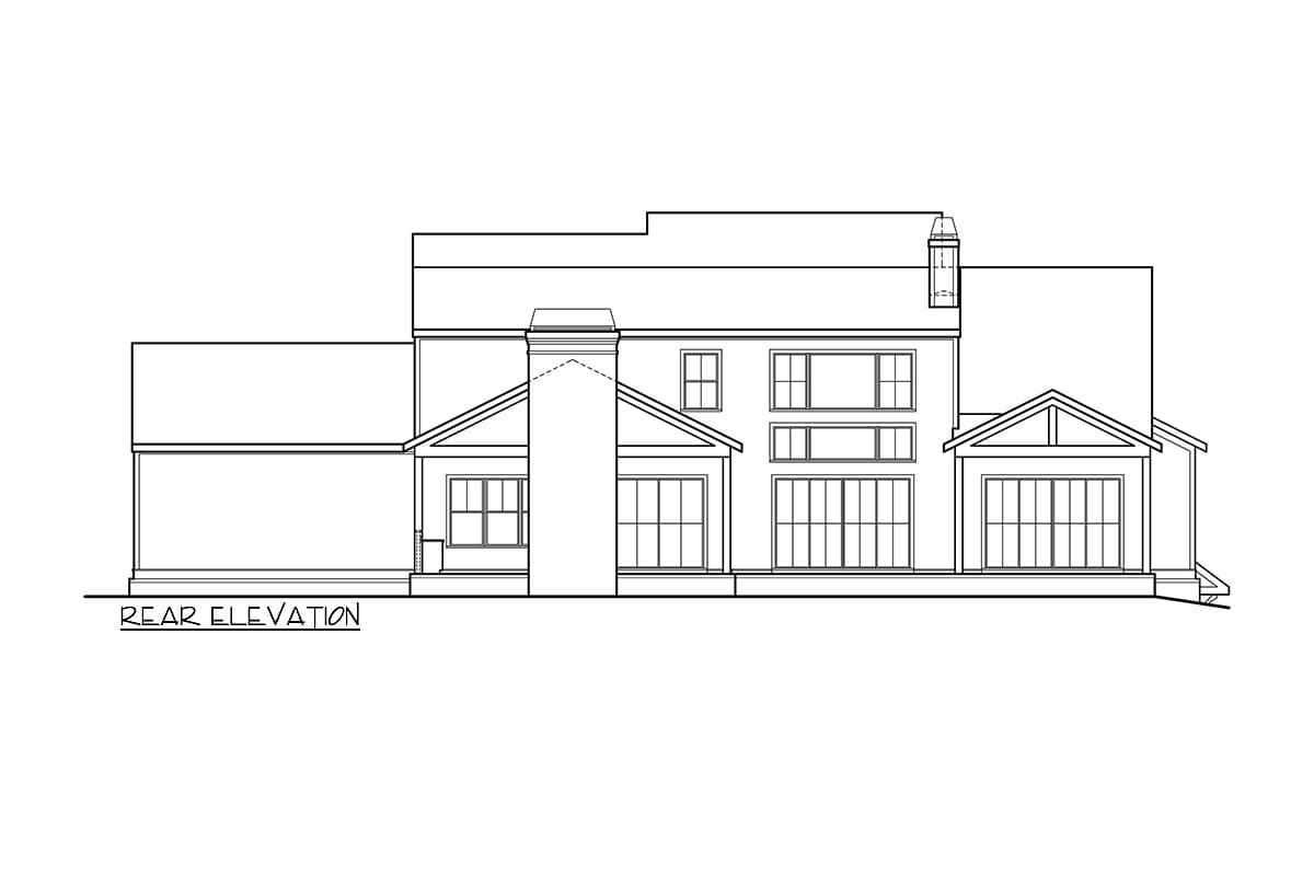 Rear elevation drawing of a multi-story house plan with multiple large windows and a prominent chimney.