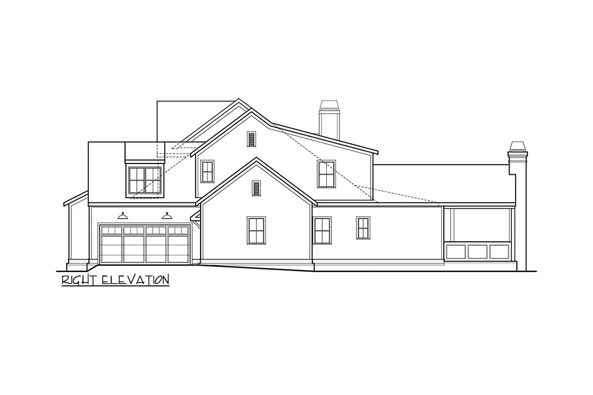 Right elevation of a house plan showing a two-car garage, multiple gables, dormers, and a covered porch.