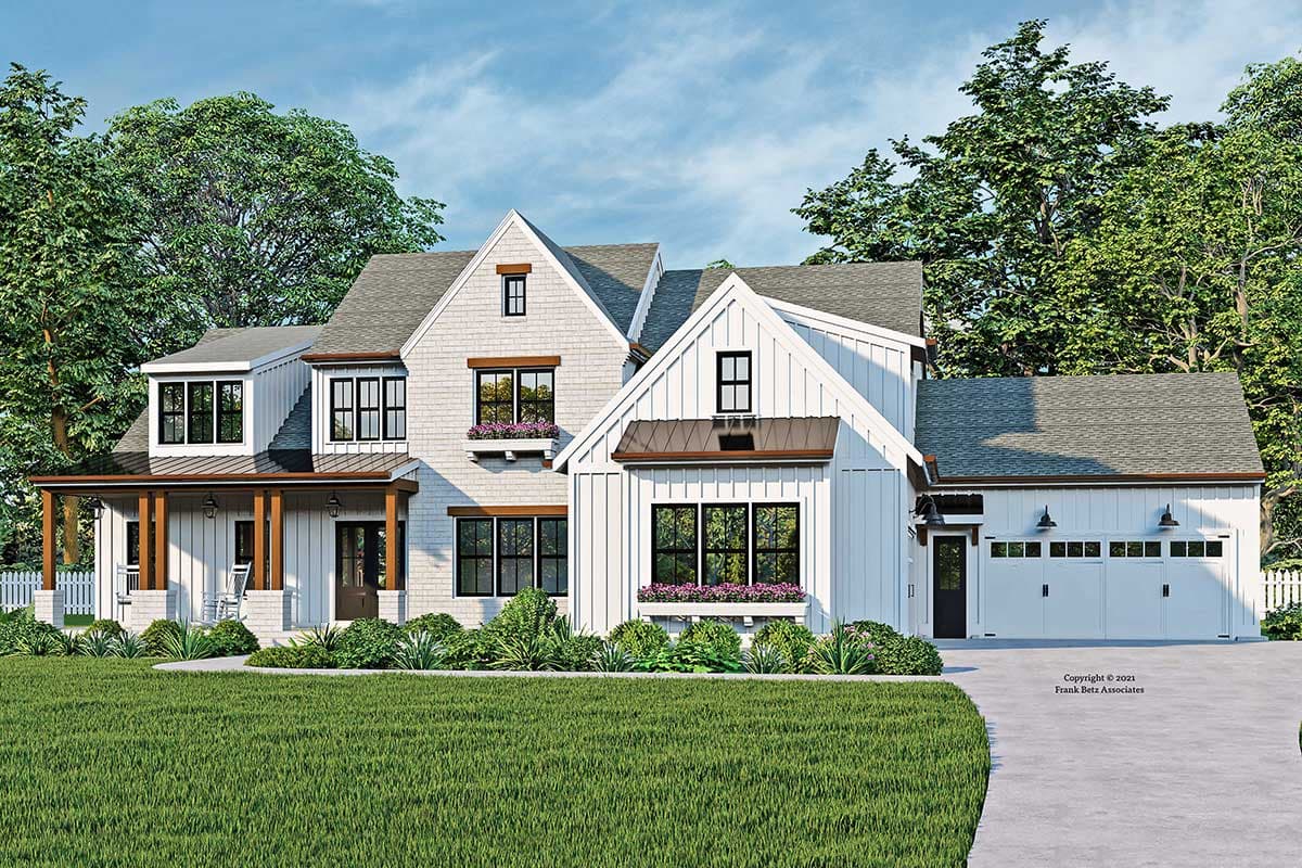 House plan exterior. Modern farmhouse style with gabled roof, two stories, front porch, and garage. Features include board and batten siding.