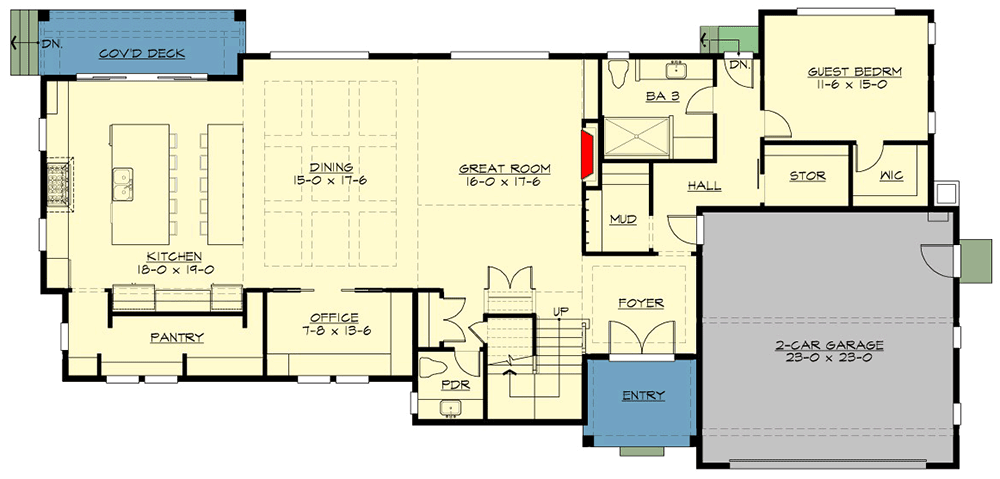 Plan 23904JD: Stunning 2-Story House Plan with Open Living Space and Guest Bedroom - Floor Plan - Main Level - Coastal, Modern Farmhouse, New American, Northwest, Transitional