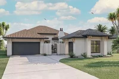One Story Mediterranean Ranch Home Plan with 3 Beds and a Courtyard