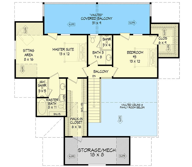 Plan 68794VR: Charming Country Craftsman Plan with Front and Back Porches - Floor Plan - 2nd Floor - Cottage, Country, Traditional