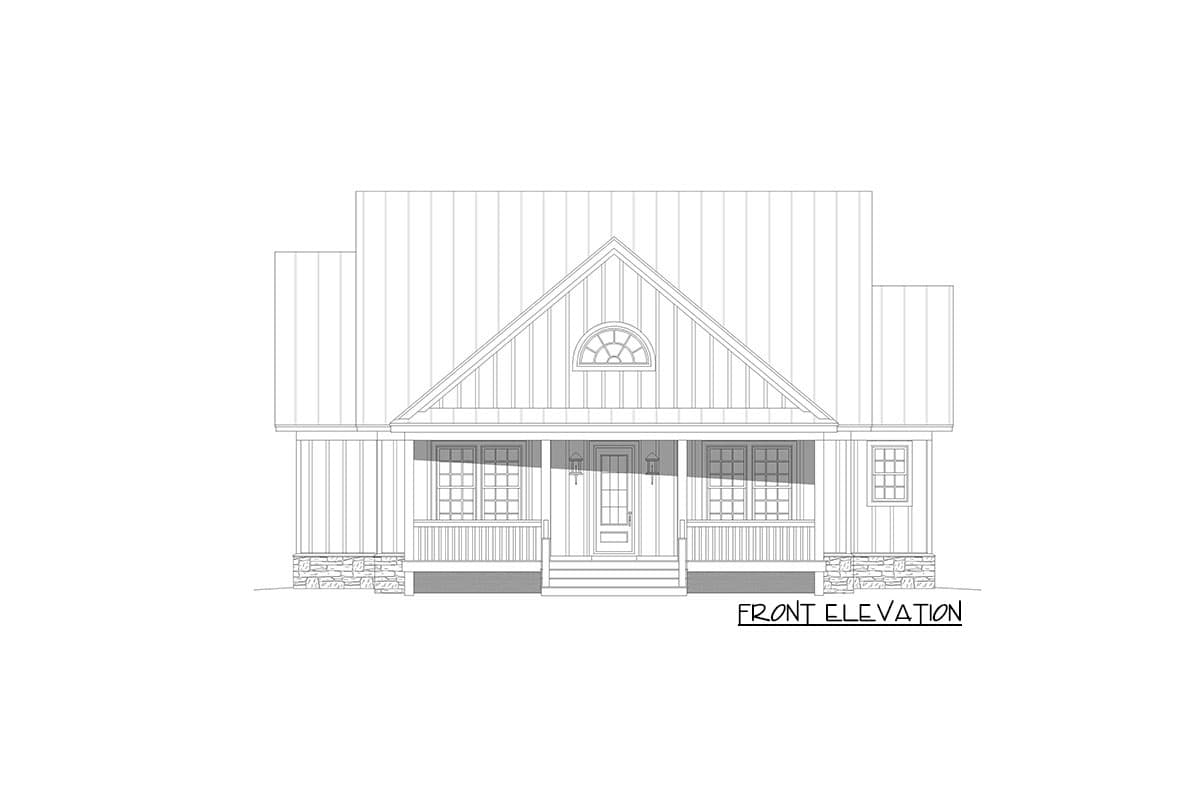 Front elevation house plan with a gabled roof, covered porch, arched dormer, and stone base.