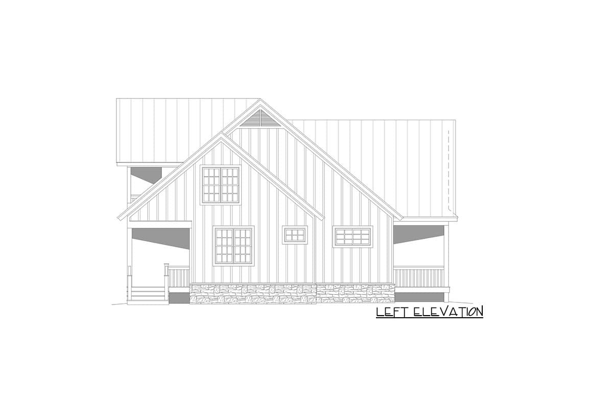 Left elevation house plan showing a two-story Modern Farmhouse with a metal roof, stone foundation, and wrap-around porches.