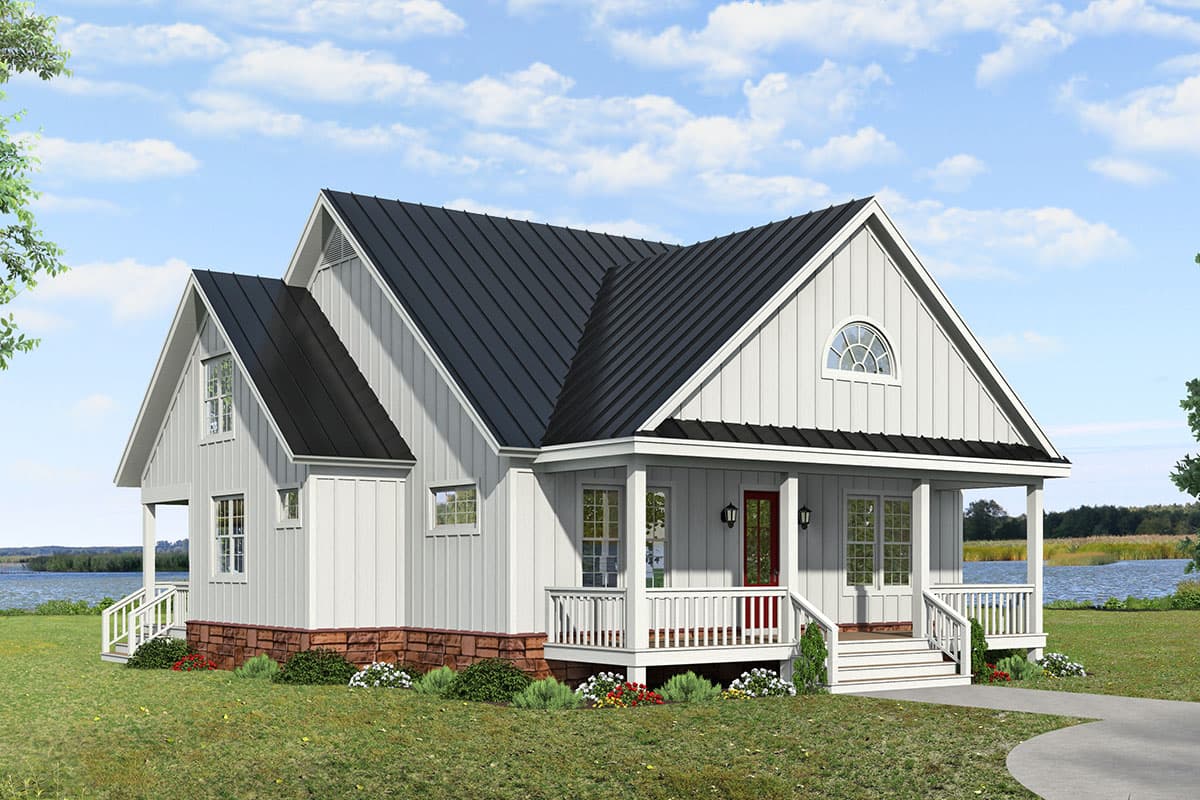 House plan exterior with board and batten siding, a covered porch, multiple gables, and a dark metal roof. One-story structure.
