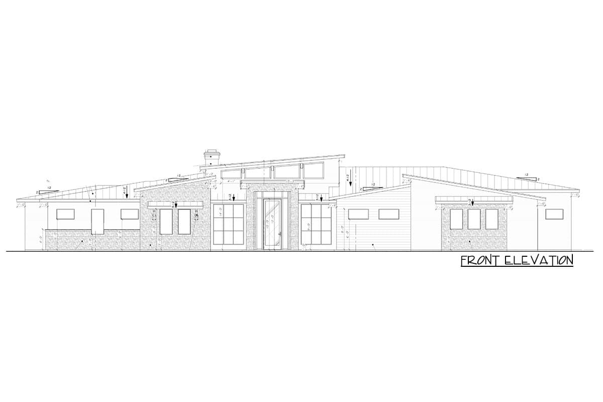 Front elevation drawing of a single-story house with a modern asymmetrical roofline, stone and wood siding, and large windows.
