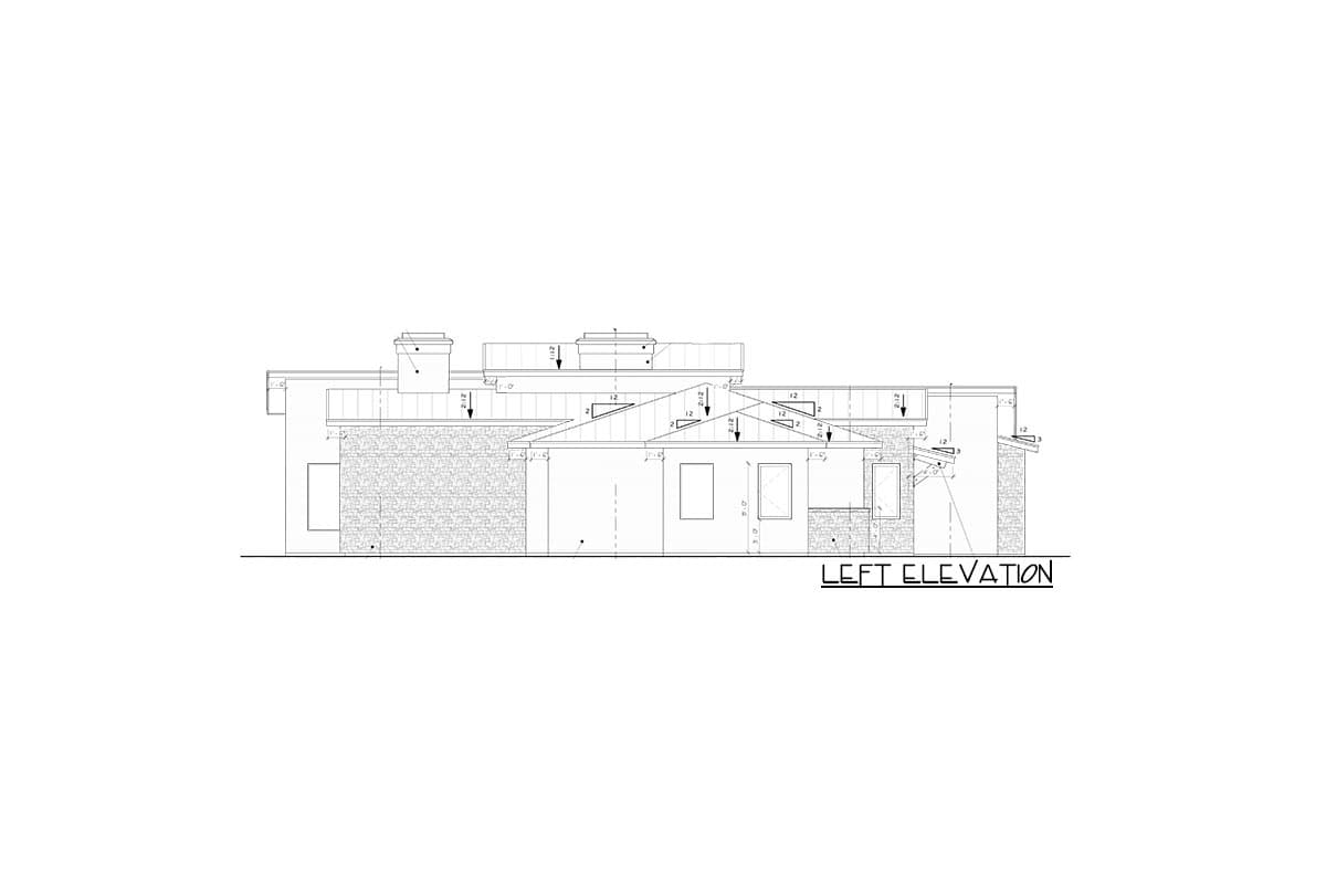 Left elevation drawing of a house plan showing stone veneer, gabled rooflines, and dormers.