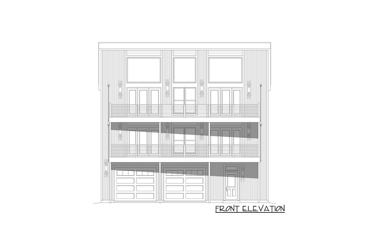 Front elevation drawing of a three-story house with two garages, multiple balconies, and a modern aesthetic.