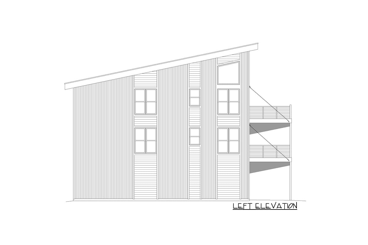 Left elevation house plan with a sloped roof, stacked windows, and two balconies.