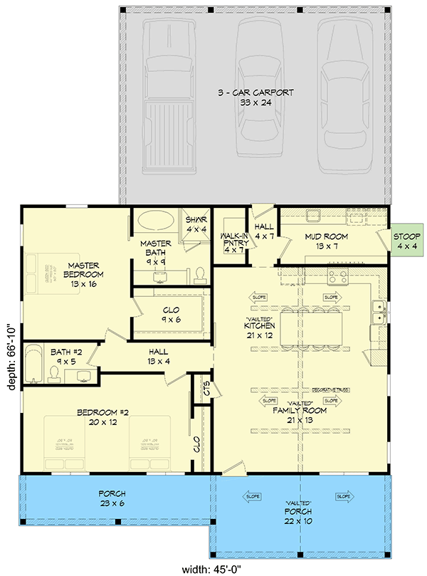 Plan 68796VR: 2-Bed Mountain Ranch with Carport - Floor Plan - Main Level - Ranch, Traditional