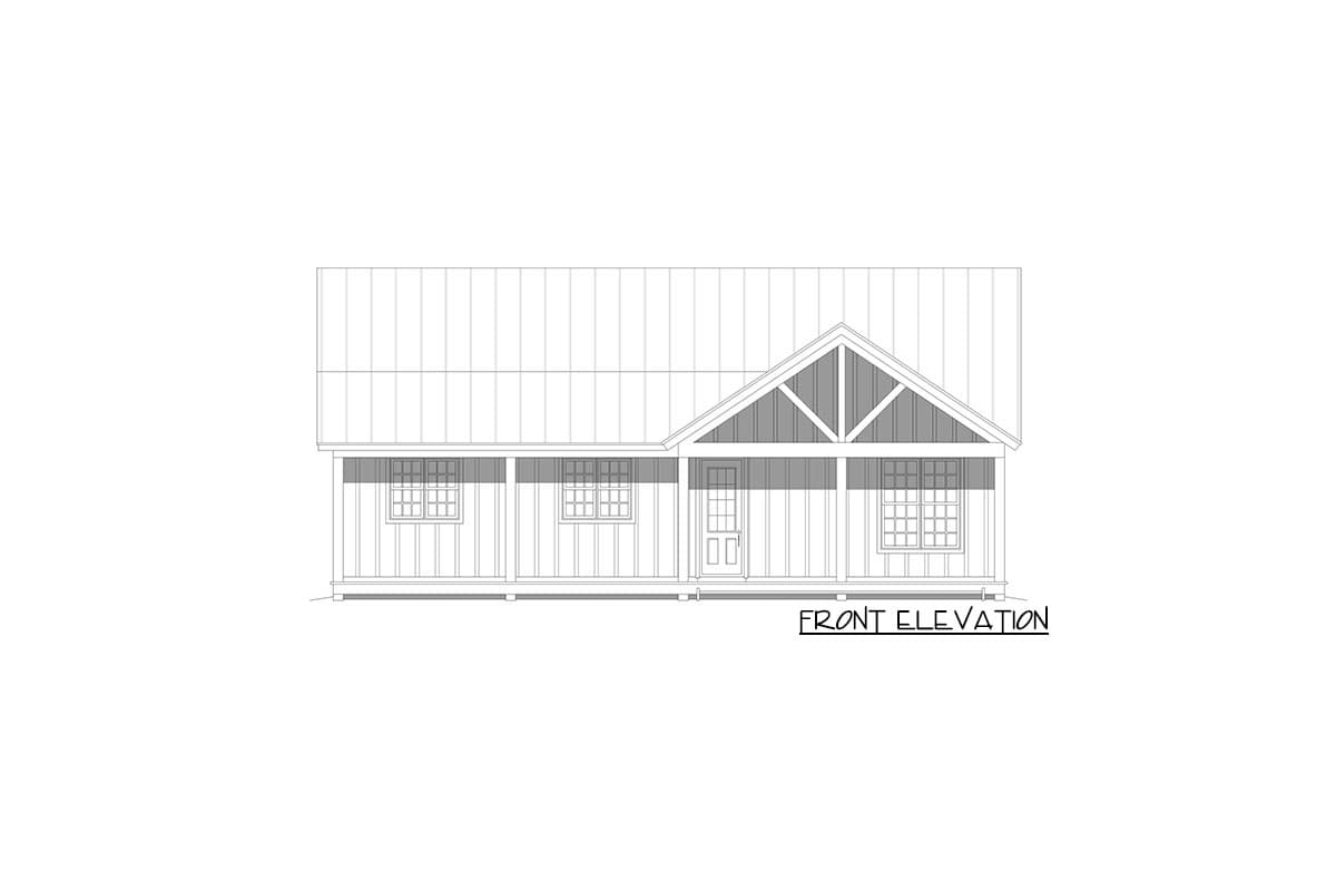 Front elevation drawing of a one-story house plan with a covered porch, gabled roof, and visible truss detail.