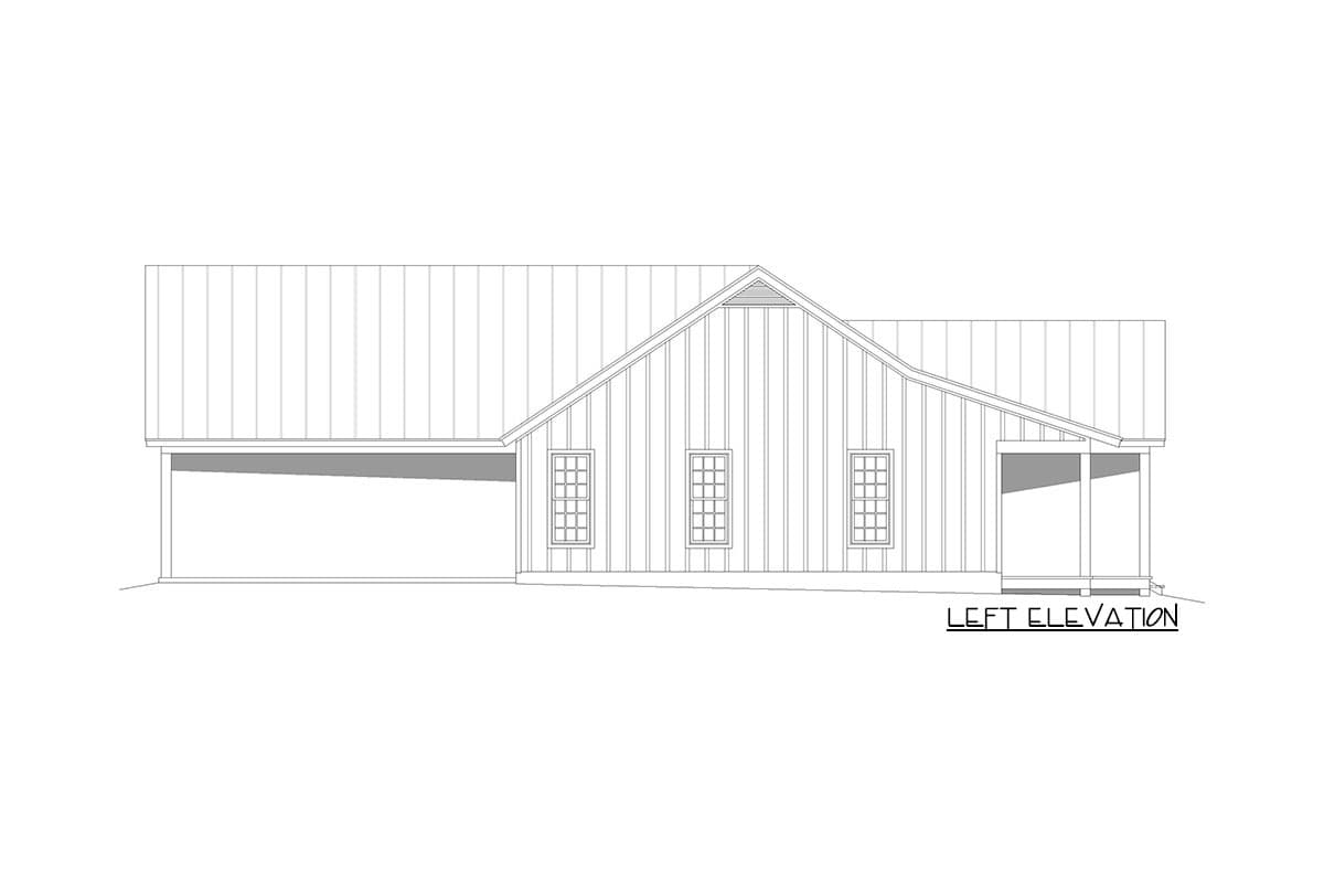 Left elevation drawing of a house plan featuring a shed roof, gabled dormer, three windows, and a covered porch.