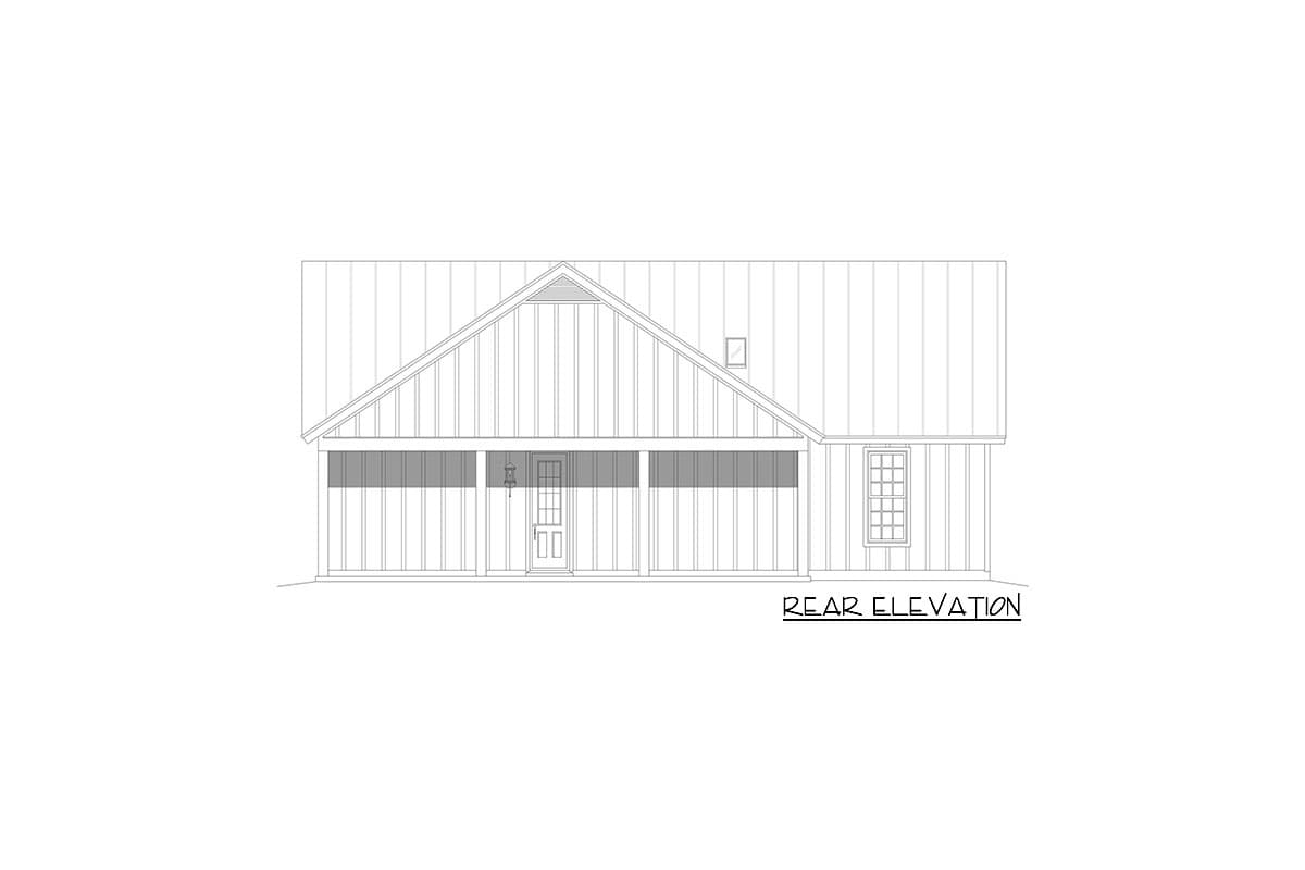 Rear elevation drawing of a house plan with a gabled roof, covered porch, and double door.