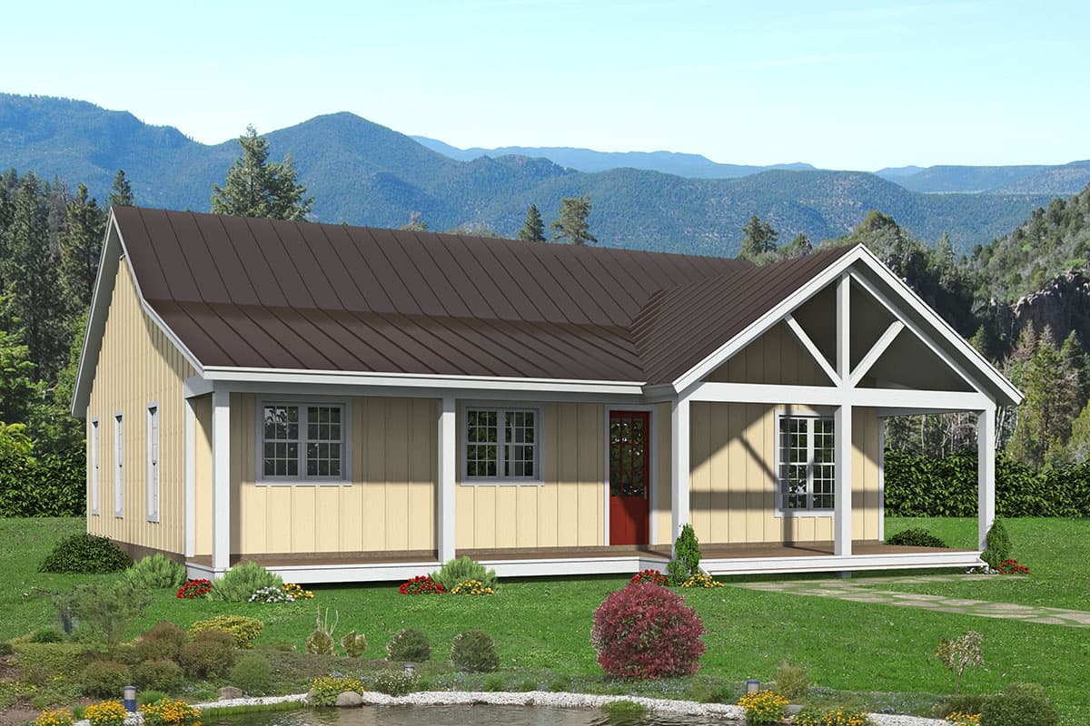 House plan exterior with gable roof, covered porch, and board and batten siding. One story home with a red front door.