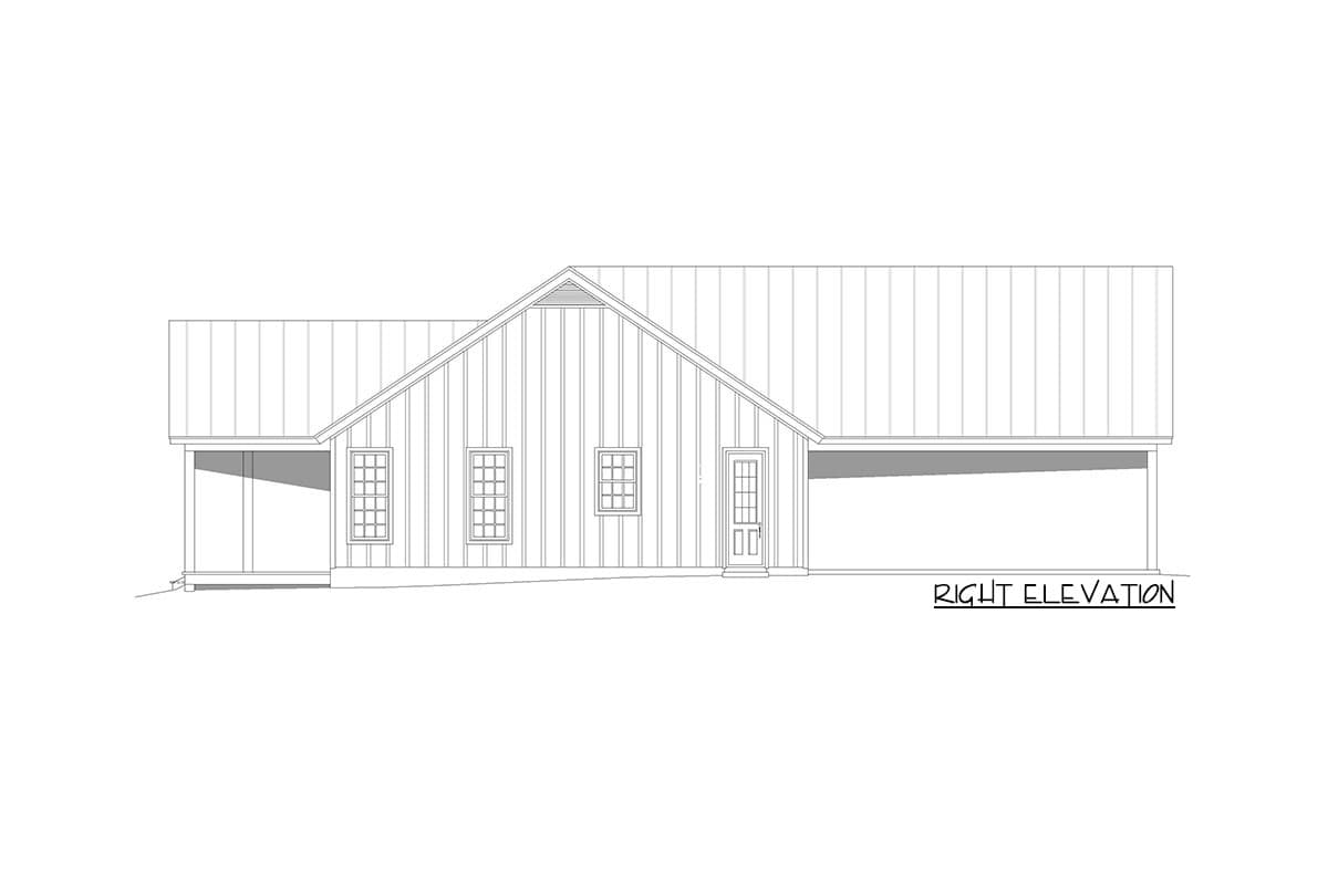 Right elevation drawing of a house plan with a gabled roof, a covered porch, three windows, a door, and an attached garage.