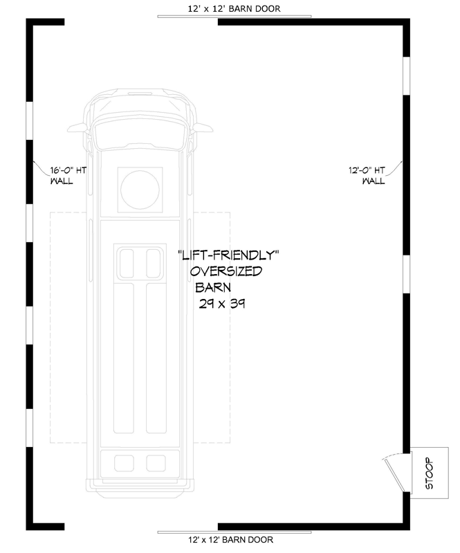 Plan 68797VR: 1200 Square Foot Modern Drive-Through RV Garage Plan - Floor Plan - Main Level - Contemporary, Mid Century Modern, Modern