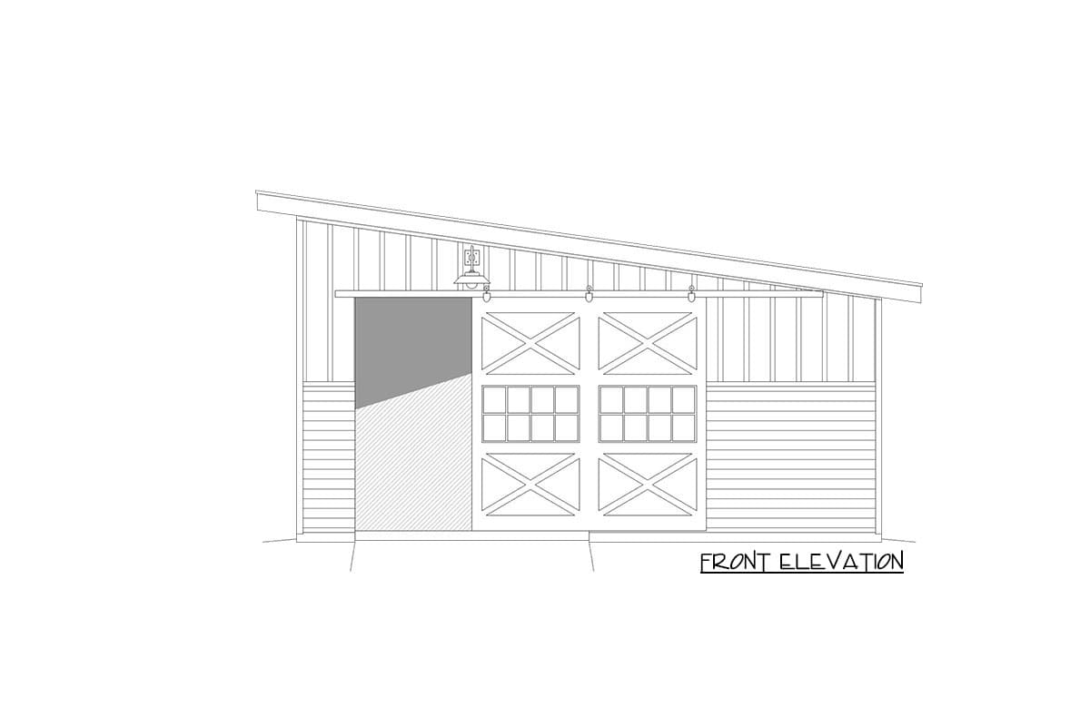 Front elevation drawing of a garage with a large sliding barn door and single-pane windows.