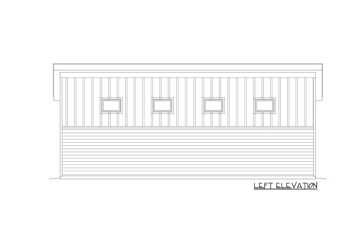 Left elevation drawing shows a house plan with horizontal siding below vertical siding and four evenly spaced square windows.