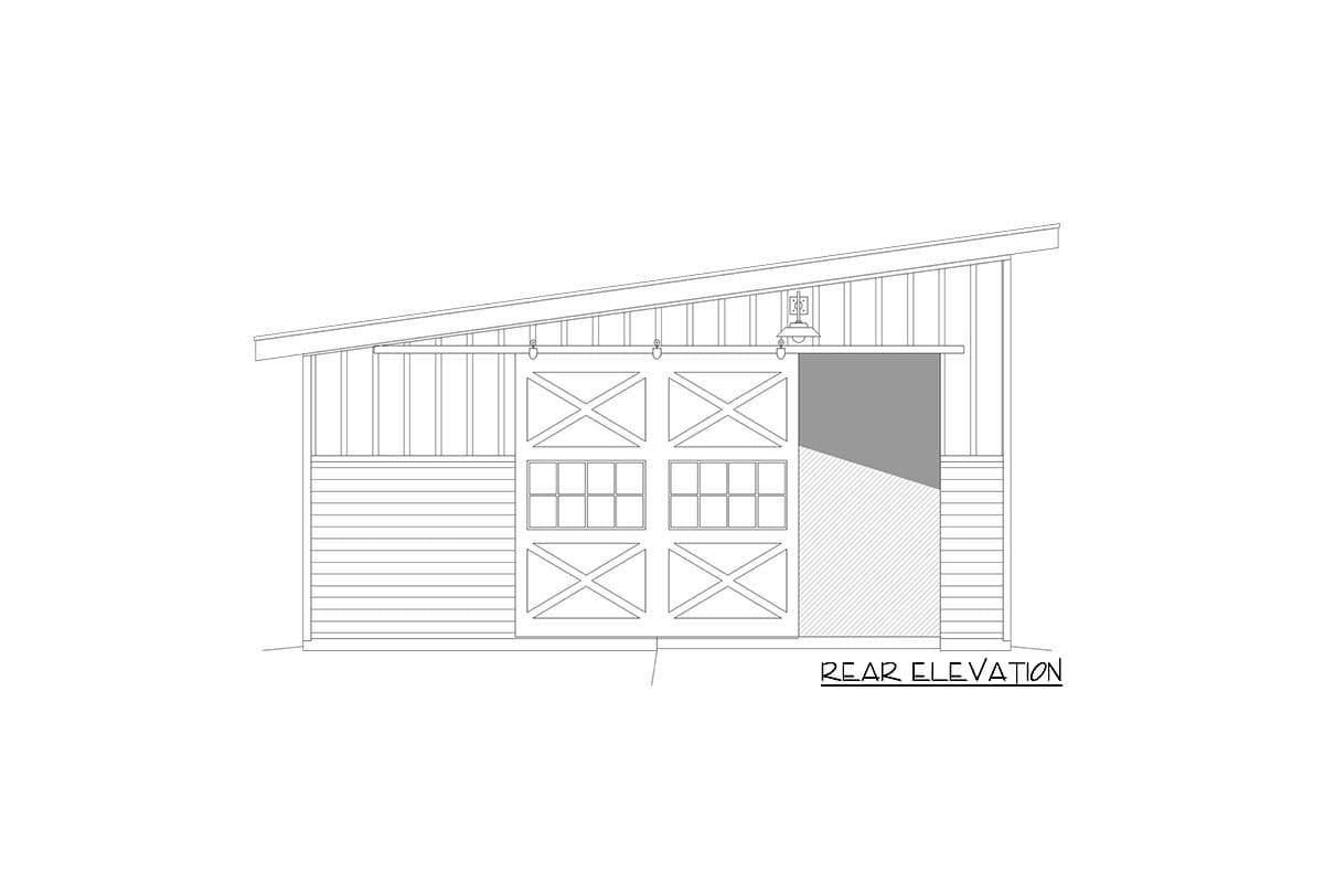 Rear elevation drawing of a house plan featuring double barn doors with glass panes and a shed roof.