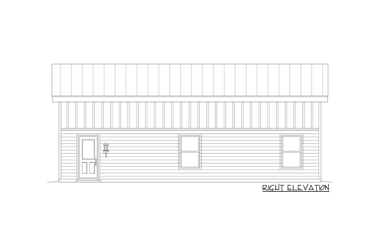 Right elevation of a house plan shows a single-story structure with horizontal siding, a prominent front door, and two windows.