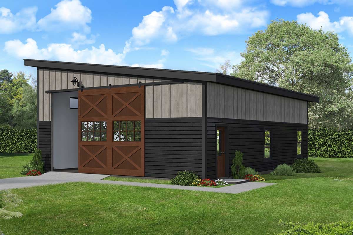 House plan exterior. Modern style with a single story, flat roof, and a sliding barn door-style garage door.