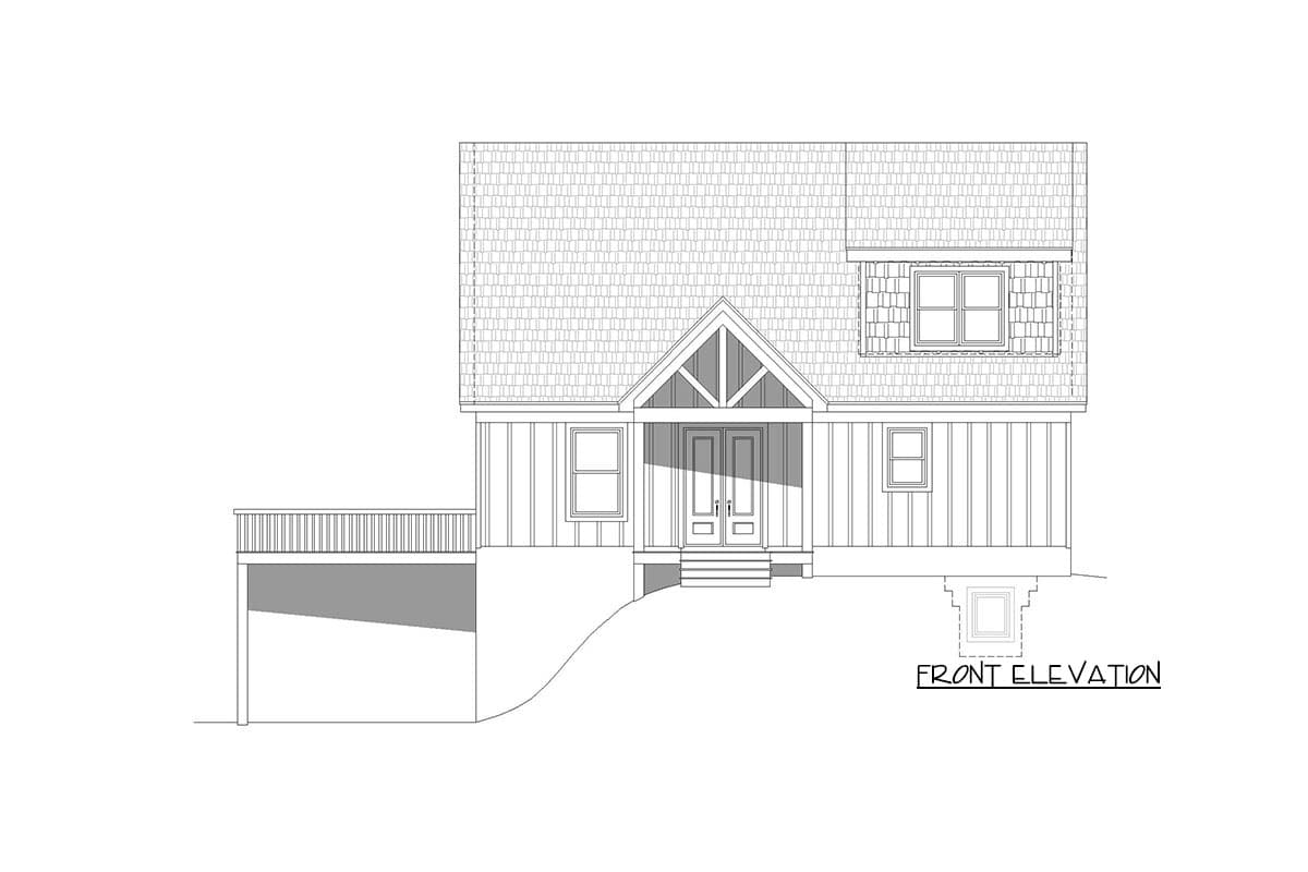 Front elevation house plan with a gable entry, double doors, side deck, and dormer window.