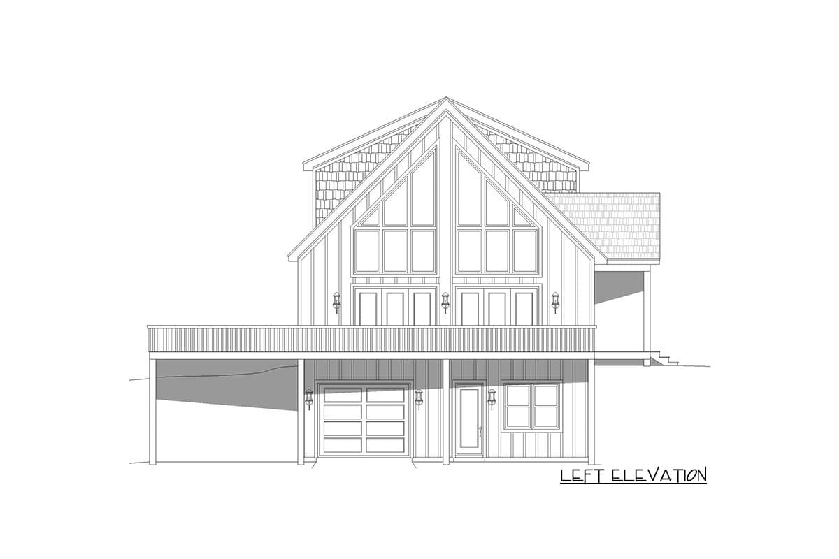 Left elevation drawing of a two-story house plan featuring a prominent gable with large windows, a wraparound deck, and a garage.