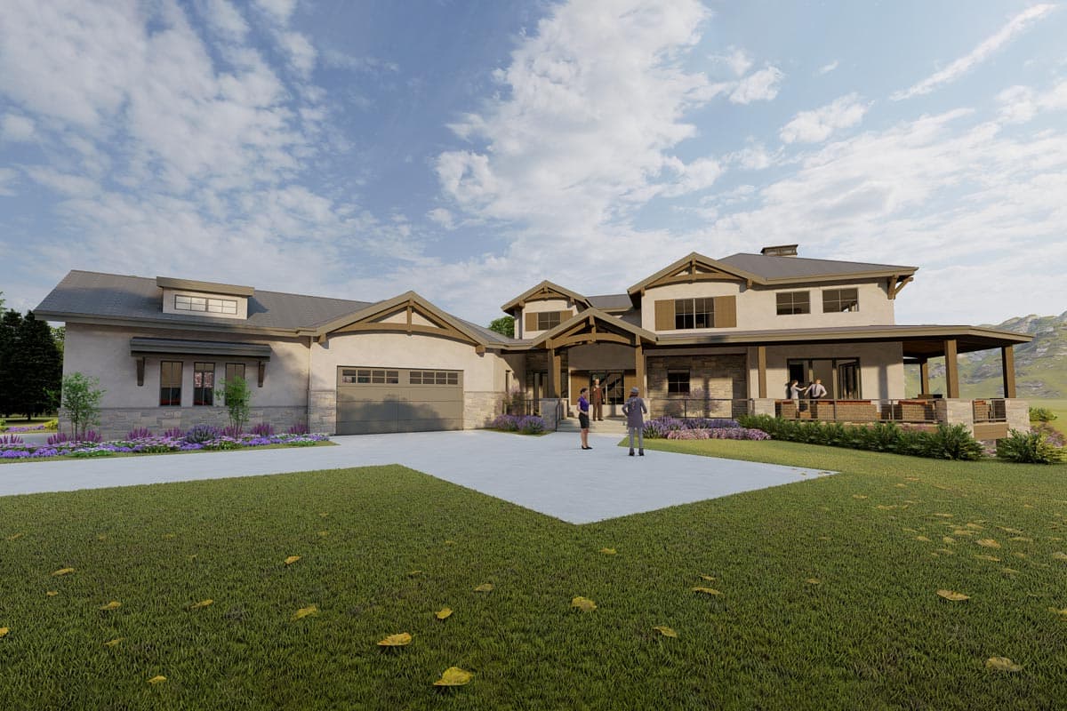 House plan exterior featuring a Modern Farmhouse style, attached garage, prominent gables, and a covered porch.