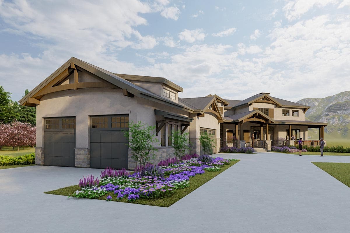 House plan exterior: Modern Mountain style with stucco, stone accents, gabled rooflines, exposed beams, and a large covered front porch.