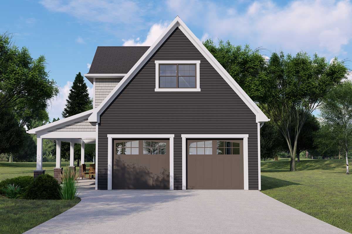 House plan exterior with two-car garage. Features include gabled roof, dormer window, and covered porch with columns. Dark siding.