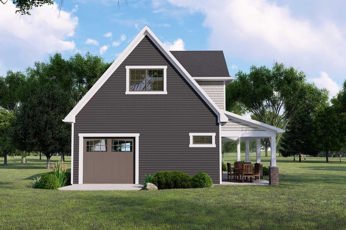 House plan exterior: Two-story modern farmhouse with dark siding, gabled roof, garage, and covered patio with seating.
