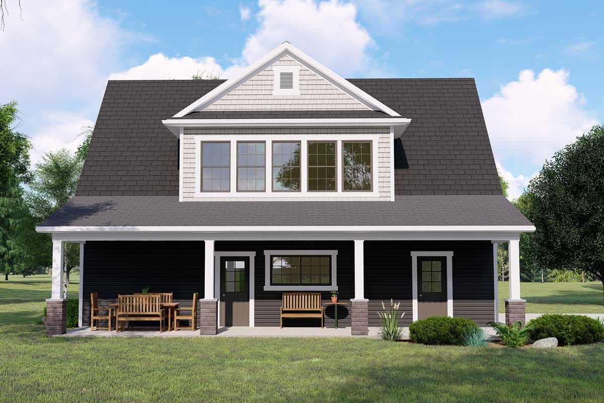 House plan exterior: Two-story Modern Farmhouse with wide covered porch, gable dormer, and stacked windows.
