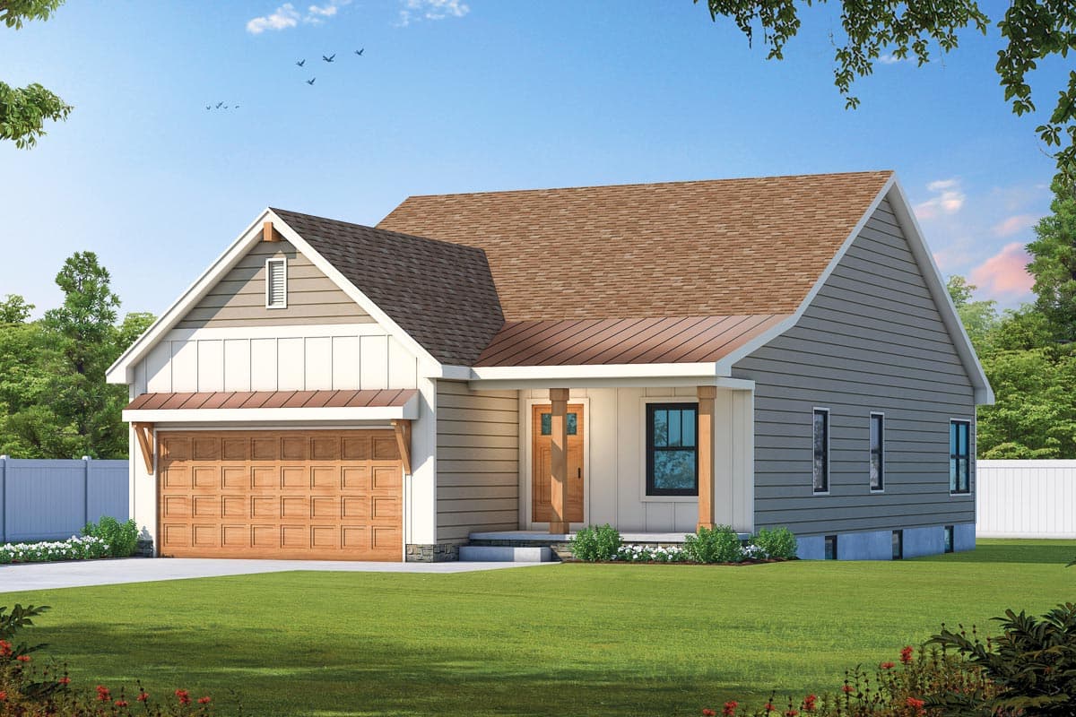House plan exterior. Craftsman style, one story home. Features include a front porch, gabled roof, and attached garage with a wood door.