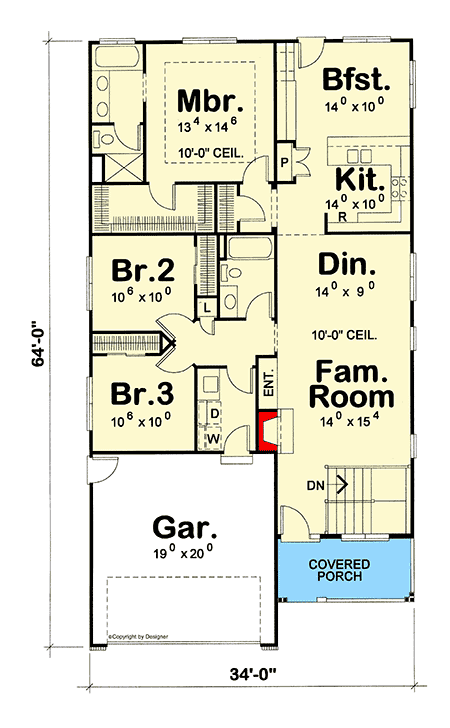Plan 42687DB: 3-Bed Craftsman Cottage with Shed Dormer-topped Front Porch - Floor Plan - Main Level - Cottage, Country, Craftsman