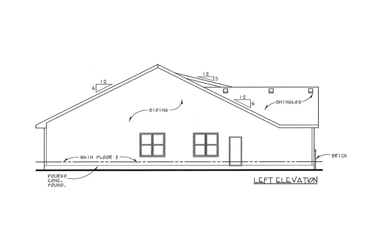 Left elevation house plan showing siding, brick base, two windows, door, and gable roof.