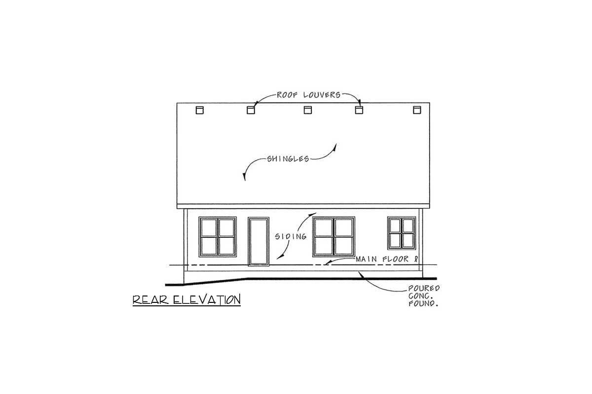 Rear elevation drawing of a house plan showing siding, windows, roof louvers, shingles, and foundation.