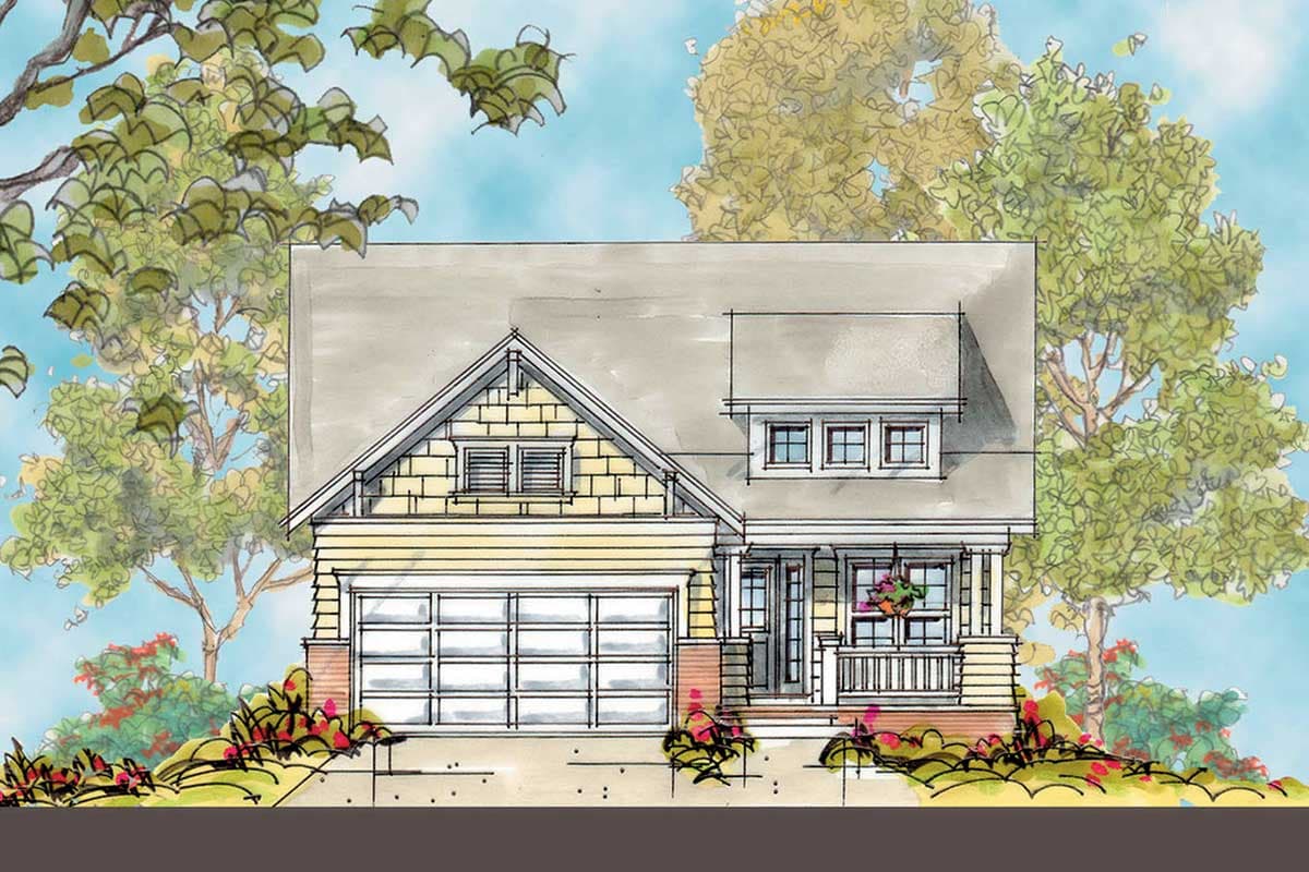 House plan exterior. Craftsman style, single story. Features include a front porch, gabled roof, and attached garage.