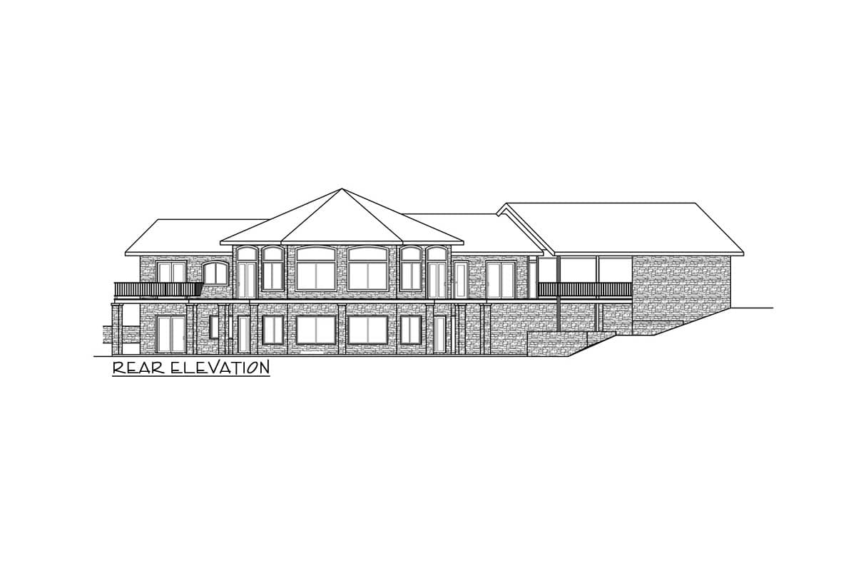 Rear elevation drawing of a two-story house with stone facade, multiple windows, and a covered deck.