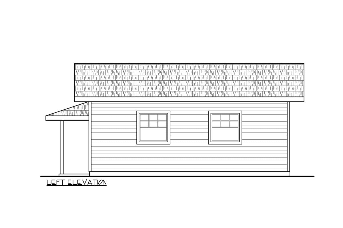 Left elevation of a house plan showing horizontal siding, two windows, and a covered porch.