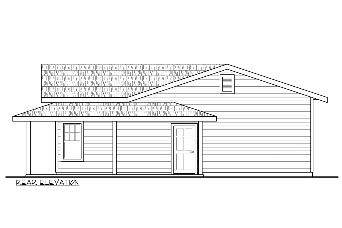 Rear elevation drawing of a house plan with a covered porch, one door, one window, and a dormer.