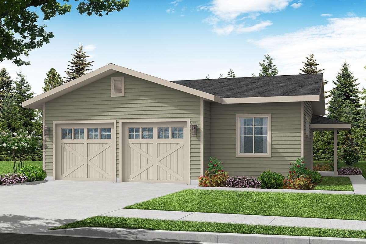 House plan exterior with two-car garage. Features include a gable roof, two garage door windows, and a covered porch on the right side.