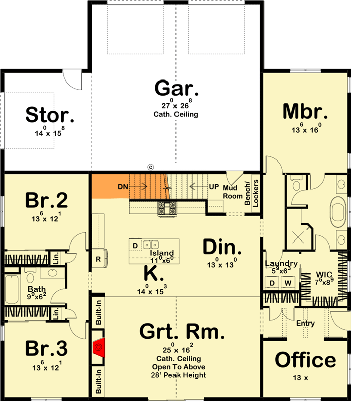 Plan 623032DJ: Barndominium-style House Plan with Home Office and Two-story Great Room - Floor Plan - Main Level - Basement Stair Location - Barndominium, Country, Farmhouse, Modern Farmhouse, New American, Rustic, Southern