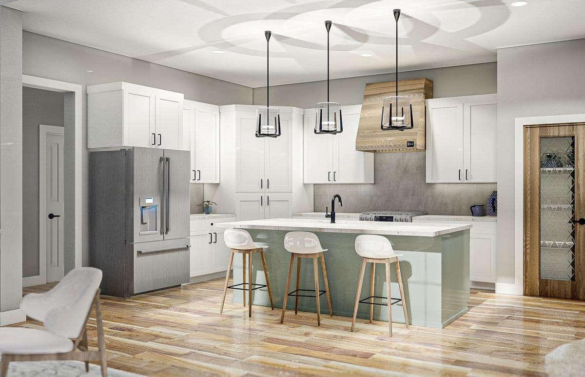 Modern kitchen with white cabinetry, a large island with pendant lights, stainless steel refrigerator, and a wood-paneled range hood.