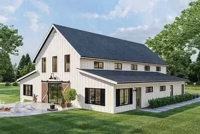 Barndominium-style House Plan with Home Office and Two-story Great Room