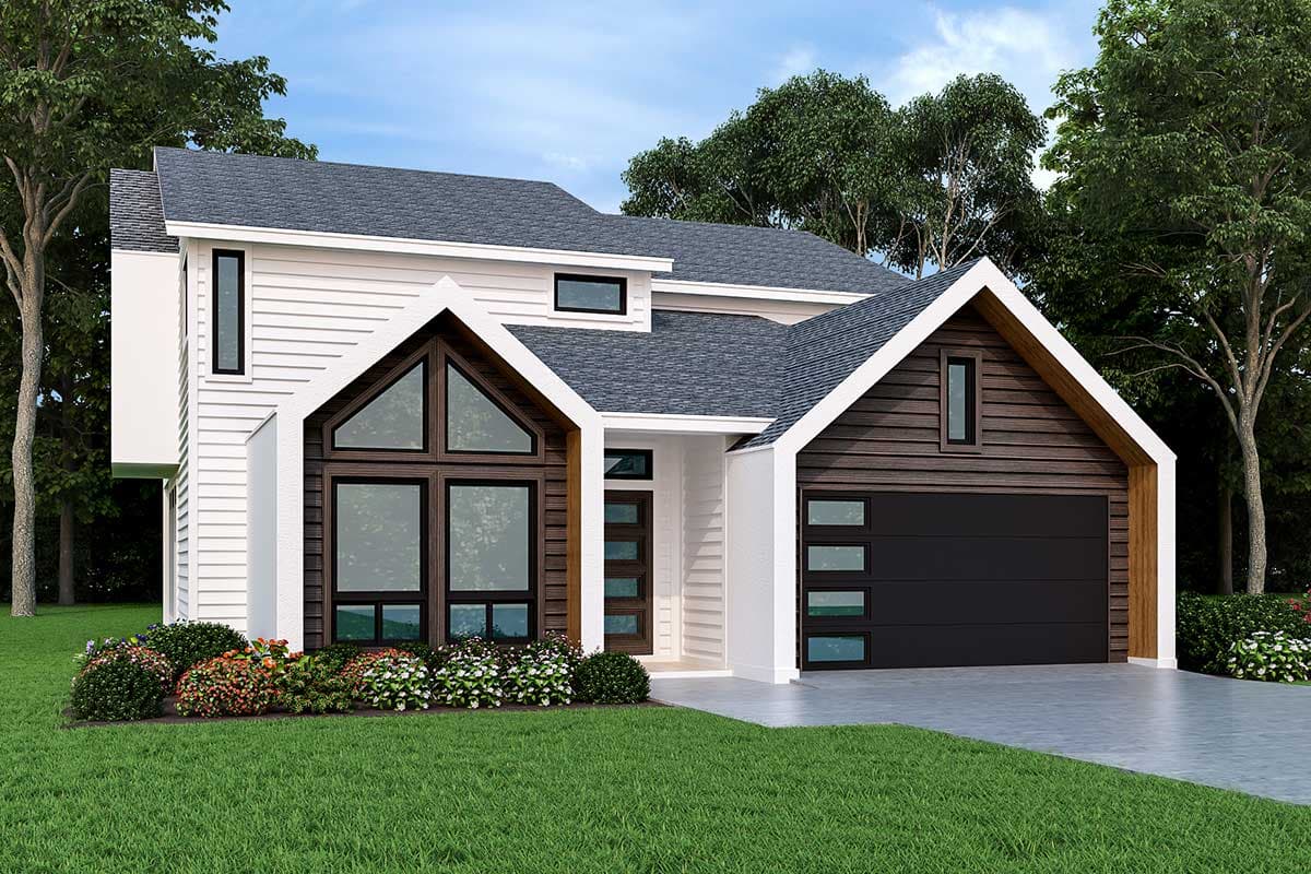House plan exterior. Two-story Modern Farmhouse with gabled roof, large triangular window feature, and attached garage with horizontal windows.