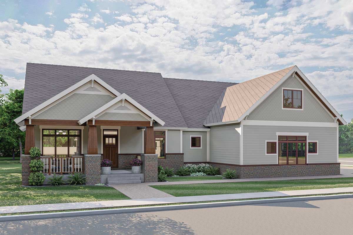 House plan exterior. Craftsman style with gabled roof, covered porch with columns, and dormer windows. One story.