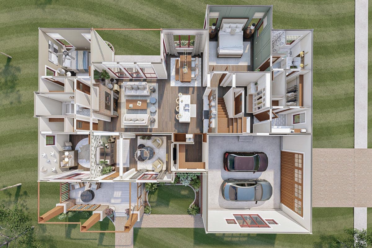 Architectural rendering of a house plan showing living room, dining, kitchen, bedrooms, baths, and two-car garage.