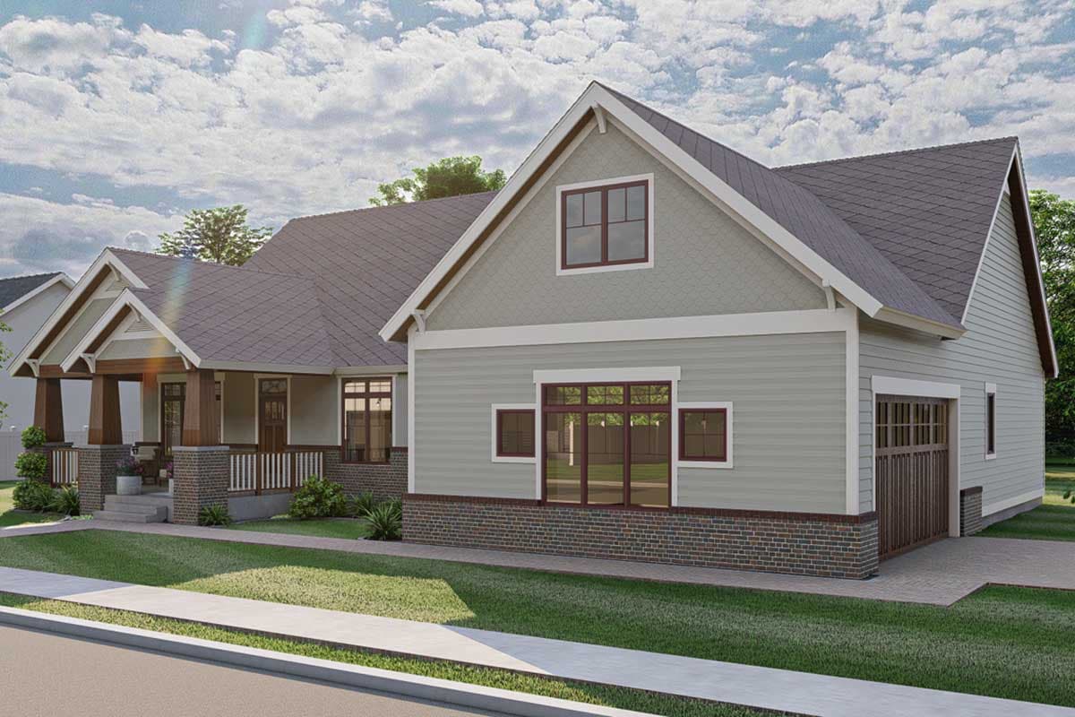 House plan exterior: Craftsman style, one-story with covered front porch, multiple gables, and attached garage.
