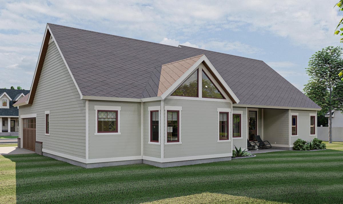 House plan exterior: one-story home with a gable roof, bay windows, a prominent triangular window, and an attached garage.